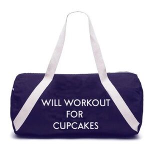 Denim Gym Bag WILL WORKOUT FOR CUP CAKE Dessert Duffle Weekend Sport Jean Travel